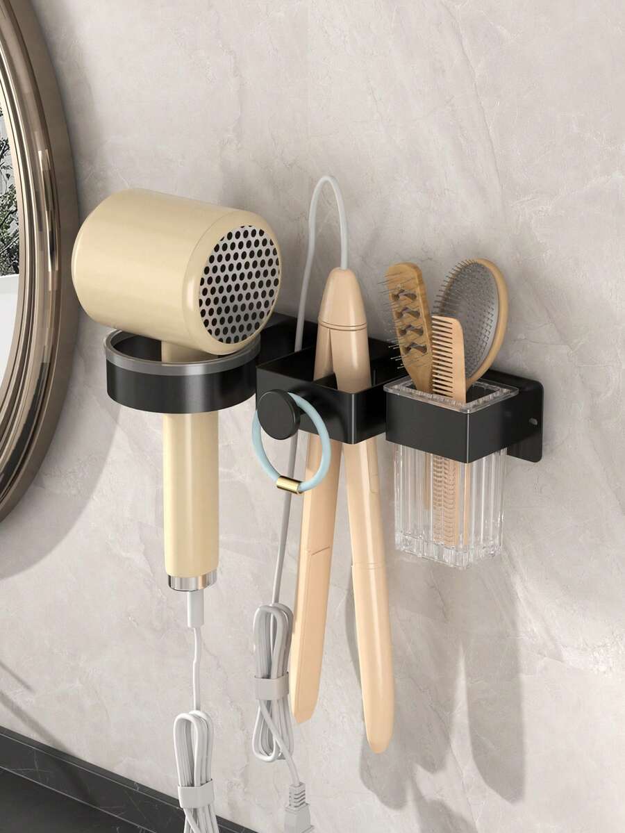 1个壁挂式吹风机和造型工具收纳架 - 无需钻孔，节省浴室空间，可放置吹风机、直发器和卷发棒 浴室配件 浴室工具 浴室 - 黑色 - 查看 1