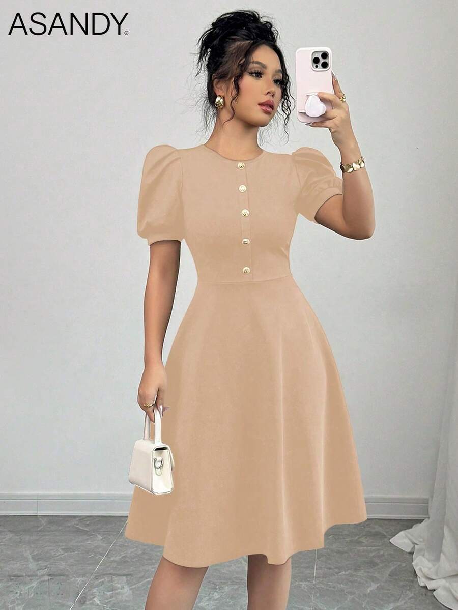 女士休闲纯色纽扣灯笼袖迷你连衣裙，优雅夏季款 - 卡其色 - 查看 1