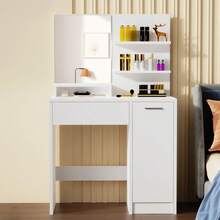 OYAJIA Dressing Table, Vanity Table With Mirror, 1 Drawer, 3 Shelves, Storage Cabinet, Makeup Organiser, White - White - View 4
