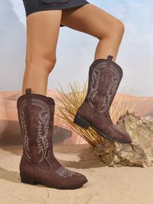 1双女士优雅时尚刺绣西部靴，高跟刺绣西部靴，时尚刺绣牛仔靴，秋冬季中筒平底靴，猫跟靴，派对靴 - 中紫紅色 - 查看 6