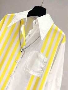 女士休闲条纹撞色落肩长袖纽扣翻领口袋不对称/不对称后开衩宽松衬衫，设计细节精美，适合秋冬季穿着 - 黃色白底條紋 - 查看 2
