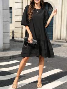 Women's French Style Casual Peplum Dress, Summer Round Neck Solid Color Midi Dress