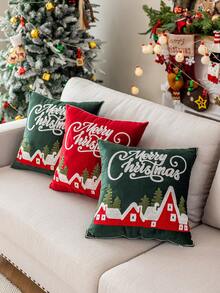 1pc Christmas Snowhouse Embroidered Plush Velvet Cushion Cover, Soft & Comfortable Christmas Decorative Pillow Sham, Fits Multiple Room Styles, Pillow Insert Not Included Home Decor Christmas Decorations Room Decor Christmas Decorations Home