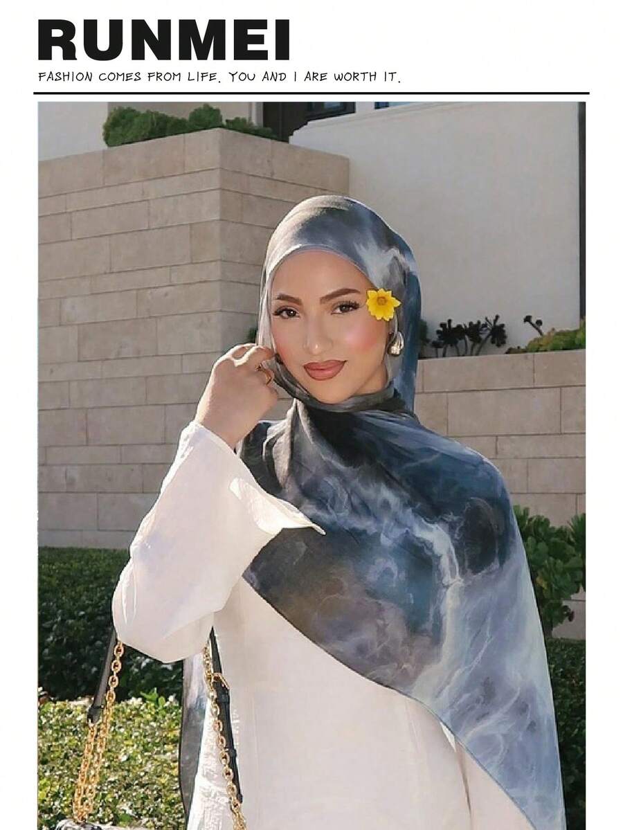 1件新款水彩印花穆斯林头巾，高端渐变大理石水彩印花，优雅女士头巾，柔软材质，多功能防晒/防风头巾披肩，适合日常生活/节日派对/宴会，可用作长袍配饰。