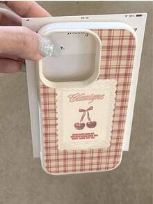 1 buc Husă de telefon la modă cu model vintage în carouri și cireșe, impermeabilă, anti-cădere, anti-alunecare, din piele moale, cu textură, compatibilă cu Apple și alte telefoane