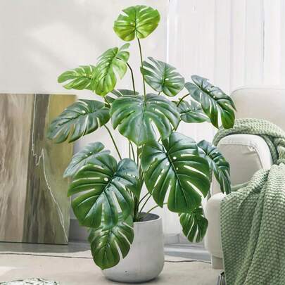 65 厘米 18 叉大型人造龟背竹树假植物塑料绿龟背叶热带仿棕榈叶适用于家庭花园装饰无需花盆 1 件