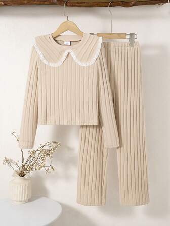 2pcs Girls Casual Solid Color Ruffle Trim Round Neck Long Sleeve Top And Pants Set, Spring/Autumn