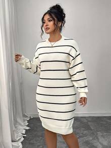 Plus Size Women Contrast Stripe Ribbed Casual Long Sleeve Knit Dress - Black and White - View 3