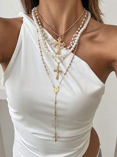 4pcs/Set Vintage Metal Religious Jesus Cross Pendant Multilayer Necklace, Elegant Faux Pearl Beaded Necklace, Charming Jewelry Set For Women Daily Wear