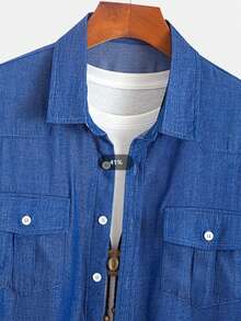 Men's Solid Color Denim-Like Breathable Comfortable Material, Pleated Pocket Design, Turndown Collar, Full-Button Closure, Contrast Button Decor, Suitable For Casual, Fashion, Commuting, Street Style, Spring/Autumn Long Sleeve Shirt - 藍色 - 查看 4