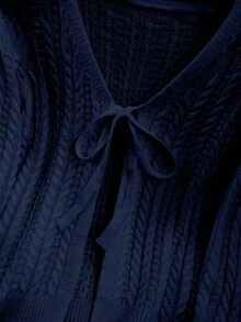 Women's Lace-Up Solid Color Cable Knit Long Sleeve Cardigan, Lightweight & Flowy, Cute Spring/Autumn Sweater - Navy Blue - View 4