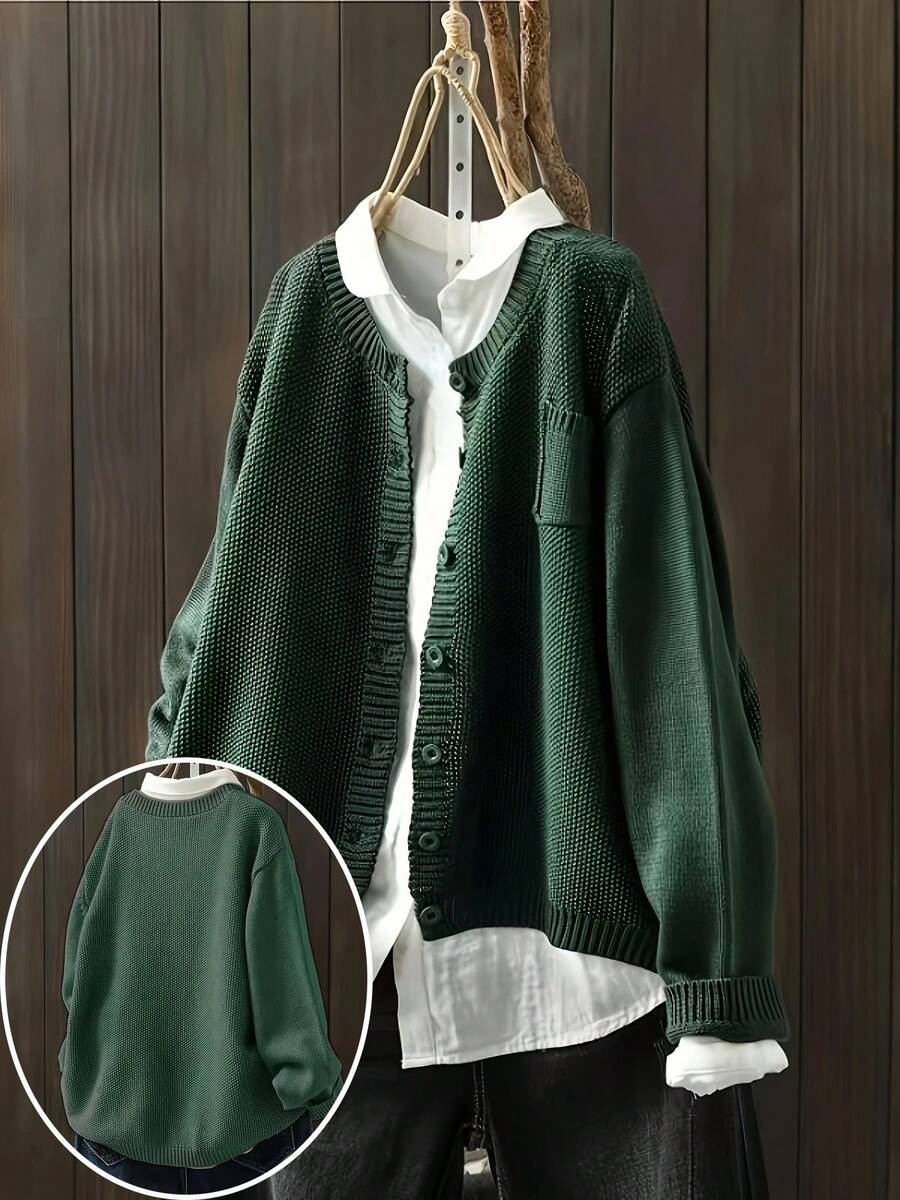 Women's Casual Plus Size Long Sleeve Cardigan With Side Pockets, Autumn/Winter - Wood Green - View 1