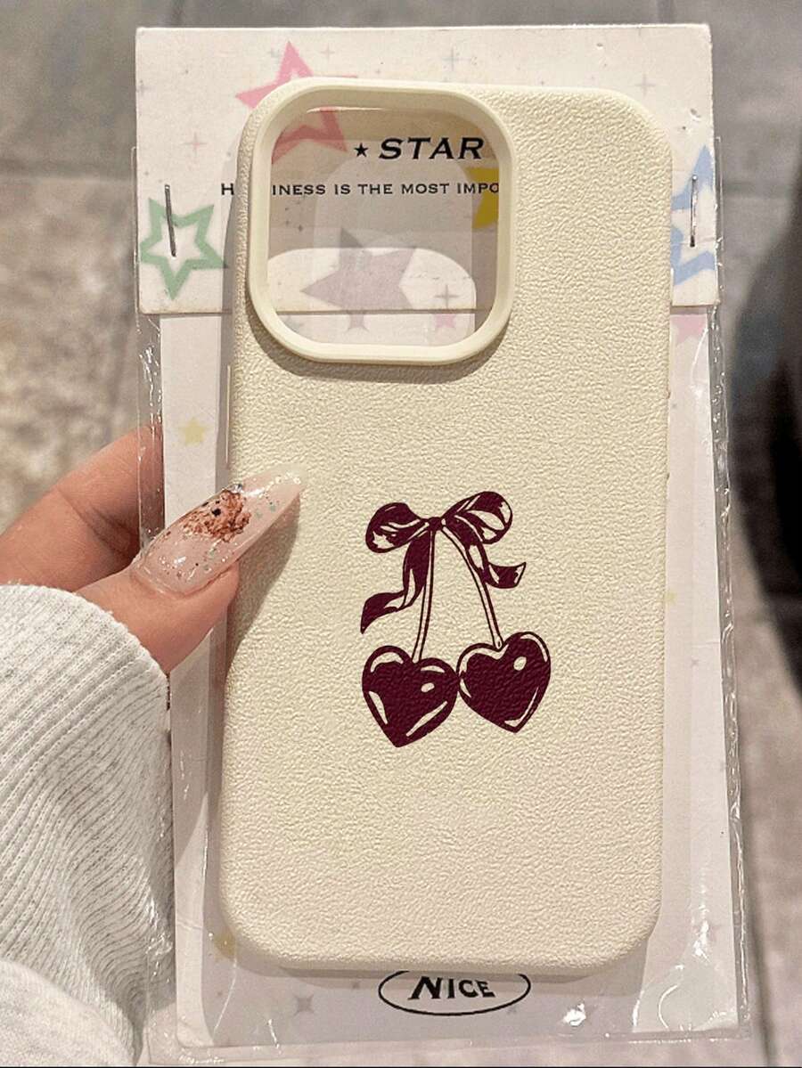 1pc Cute Retro Fashion Single Heart Cherry Illustration Litchi Texture Anti-Drop Anti-Slip Soft Phone Case Compatible With Apple, Phones - Multicolor - View 1