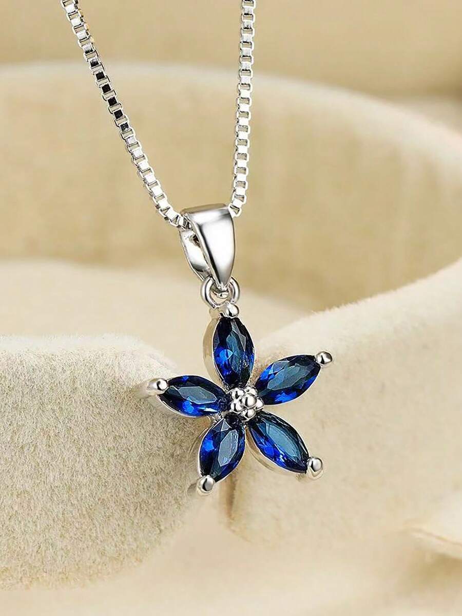 1 件可爱的 5 瓣蓝色锆石泪珠项链，订婚/婚礼/日常珠宝 - 吊墜項鍊 - 查看 1