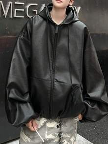 Men's Long Sleeve Fashion Loose Short Hooded PU Leather Jacket, Grunge, Fall/Winter