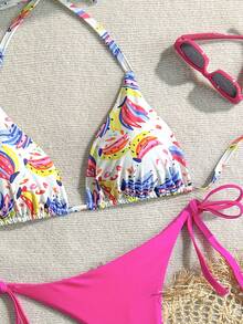 Bộ bikini dây mảnh kiểu Bohemian cỡ lớn, chất liệu co giãn cao, màu hồng, thích hợp cho kỳ nghỉ hè trên bãi biển. - Hồng - Xem 3