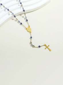 1pc Virgin Mary Rosary Beads Stainless Steel Cross Pendant Y Necklace For Women Religious Jewelry