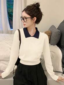 Suéter corto de mujer de manga larga con cuello de polo, de estilo coreano, de temporada otoño/invierno, delgado, de colores contrastantes