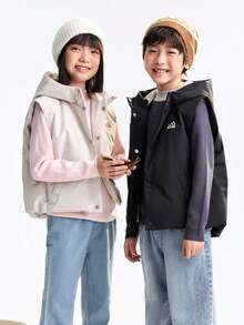 Annil 童装女童女孩男童男孩中大童青少年远红外发热长袖连帽羽绒背心山形印花防水防风保暖马甲冬 - 灰色 - 查看 1