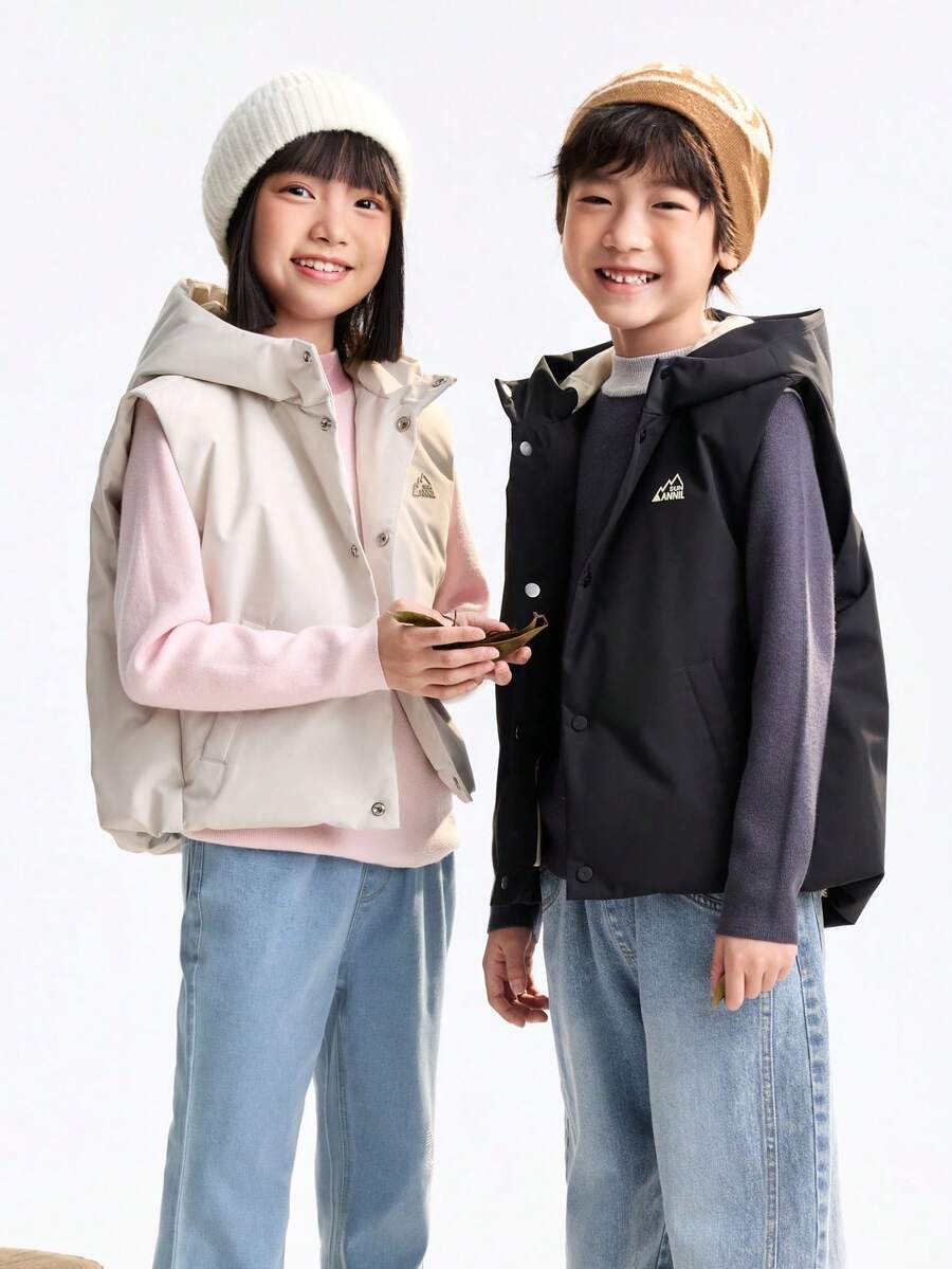 Annil 童装女童女孩男童男孩中大童青少年远红外发热长袖连帽羽绒背心山形印花防水防风保暖马甲冬 - 灰色 - 查看 1