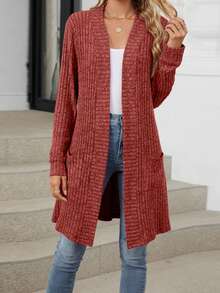 Women's Autumn Long Sweater Cardigan Long Sleeve Open Front Solid Color Knitwear - Red - View 2