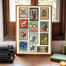 1 pièce Affiche murale vintage sans cadre avec timbre de Noël. Affiche de vacances classique avec des designs de timbres rétro pour la décoration festive de la maison, de la chambre d'étudiant et des cadeaux nostalgiques. Décoration de Noël, décoration d'arbre de Noël, cadeaux, décoration de Thanksgiving, de mariage, de maison, d'automne, d'anniversaire, fournitures de fête, décoration intérieure de fête, décoration d'Halloween, décoration murale, ornements d'Halloween - Multicolore - Voir 5
