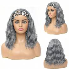 QY Grey Headband Wig Short Wavy Headband Wigs For  Natural Curly Wigs With Headband Shoulder Length Wigs Grey Color 14 Inch Glueless Wigs For Daily Wear 6805