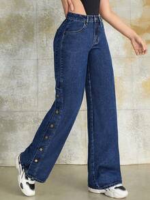 时尚复古侧开衩纽扣门襟阔腿牛仔裤，适合春夏秋冬、返校、晚宴和休闲装 - 藍色 - 查看 7