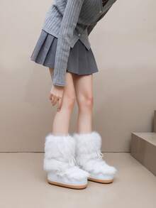 Women's Warm Snow Boots, Lace-Up Ski Boots, Autumn/Winter - White - View 7