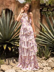 Faeriesty BohoBloom 女士露背长裙：露背设计，配有可调节系带，饰有 3D 立体花朵贴花和层叠荷叶边裙摆。适合休闲外出、海滩度假、周末短途旅行和花园派对。夏日粉色，优雅迷人。 - 粉色 - 查看 3