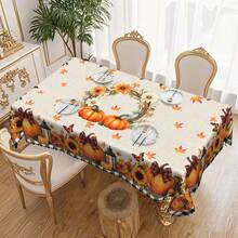 1 pezzo Tovaglia autunnale per il Ringraziamento, copritavolo da pranzo a tema raccolto: decorazione vintage con fiocco, zucca, girasole e foglia d'acero, abbinata a plaid bianco e nero, in tessuto di poliestere con bordo in pizzo, disponibile in formati rettangolari e rotondi, adatta per interni ed esterni, stile fattoria per cucina e sala da pranzo, regalo per il Ringraziamento, tovaglia domestica lavabile in lavatrice e durevole - Multicolore - Visualizzare 12