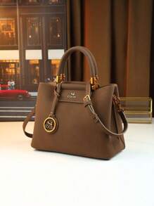 秋冬优雅女士手提包，成熟淑女托特包，棕色单肩包，通勤包，可斜挎，带铭牌吊饰 - 咖啡 - 查看 3