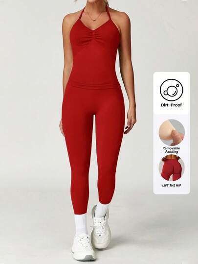 Yefecy 2-delat gymset för kvinnor, rygglösa linnen med hög midja, sömlösa leggings, gymdräkt, fitnesskläder, aktiva träningsset