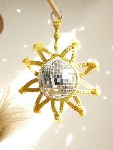 1 pieza Espejo en forma de sol con bola de macramé colgante - Bola de discoteca hecha a mano con marco de cuerda tejida amarilla - Decoración bohemia chic para pared, ventana, techo o espejo retrovisor del coche - Decoraciones para fiestas, bodas, vacaciones y festivales