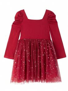 Children Girls Party Dress Solid Color Long Sleeve Performance Wedding Mesh Princess Sweet Mesh Medium Length Tight Dress Tulle Dress Autumn And Winter 2-7 Years Old Red - Burgundy - View 3