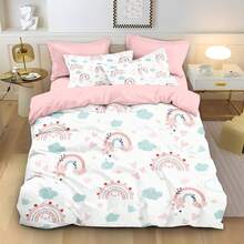3pcs/Set Cartoon Rainbow, Heart, Smiling Face Cloud, Star Print Bedding Set - 4 Seasons Breathable Polyester Duvet Cover With Zipper Closure, Machine Washable, Includes 1 Duvet Cover And 2 Pillowcases (No Filler Or Pillow Insert), Soft & Cozy Bedroom Linens, Fashionable Bedroom Decor, Creates A Warm Atmosphere