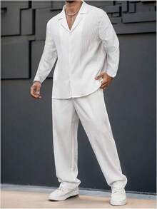 2025 Best  Men's 2 Piece Linen Suit Long Sleeve Button Down Shirt And Pants Sets Walking Suits - 白色 - 查看 5