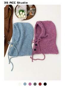 1 件女士针织拉法帽带围巾，防风保暖护耳，秋冬季圣诞节无檐便帽 - 彩色 - 查看 1