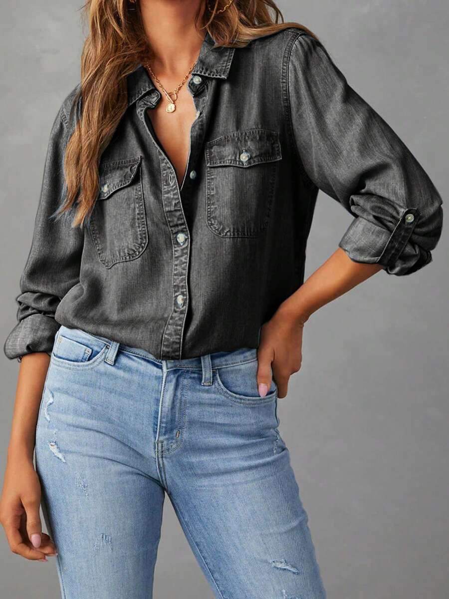 Women Denim Shirts Solid Color Turn Down Collar Long Sleeve Jean Blouses Spring Loose Casual Tops Streetwear Vestidos Casuales - Màu xám đen - Xem 1