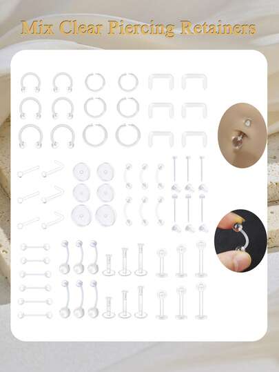 混合风格透明穿孔保持器低过敏性柔性Bioflex塑料隐形工作手术透明保持器肚脐环唇鼻钉眉毛乳头环舌耳环工业杠铃