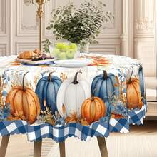 1pc Thanksgiving Tablecloth, Autumn Countryside Theme Dining Table Cover, Blue, White, Orange Pumpkin & Maple Leaf Print + Wooden Texture Background, Polyester Fabric, Lace Trim, Rectangular & Round Shapes, Suitable For Indoor & Outdoor - Rustic Kitchen & Dining Room Decor, Thanksgiving Holiday Gift, Durable Machine Washable Household Tablecloth