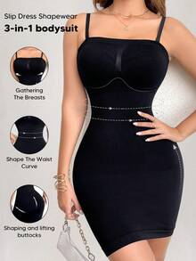 1pc Women's Seamless Shaping Slip Dress, Tummy Control, Removable Straps & Smooth Silhouette For Under Dresses Or Daily Wear - Black - View 3