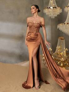 Faeriesty Đầm dạ hội trễ vai đính sequin viền satin tương phản - Đồng - Xem 9