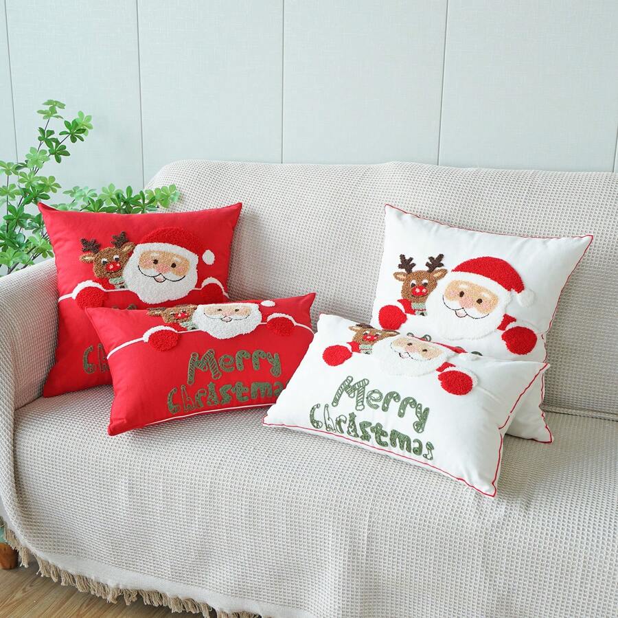 1 buc. Husă de pernă brodată cu Moș Crăciun și reni, pernă decorativă în stil Ins pentru canapea în sufragerie, decor de Crăciun roșu și alb
