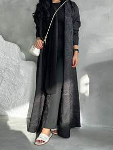 女士简约纹理提花长袖外套，春夏黑色 - 黑色 - 查看 3