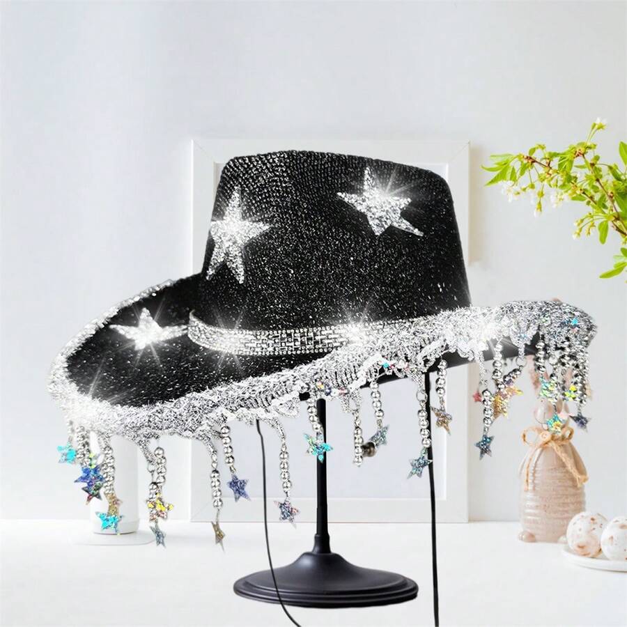 Women Sparkle Cowgirl Hats Bling Rhinestone Star Cowgirl Hats Bachelorette Party Hat Accessories - màu đen - Xem 1