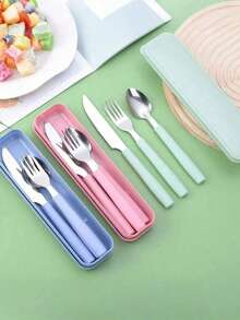 4件套可重复使用旅行餐具套装，带收纳盒，便携式塑料叉勺刀，露营餐具套装，成人午餐餐具，户外野餐餐具，厨房用具，学习用品，返校季 - 彩色 - 查看 2