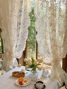 1件法式荷叶边蕾丝刺绣米色薄纱窗帘，轻盈小窗帘，无需打孔即可用作房间隔断 - 米色 - 查看 4