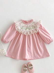 1 pieza Vestido casual cómodo de manga larga con cuello alto, bordado y con ribete de encaje en color rosa para niñas, otoño - Rosa Oxidada - Ver 3