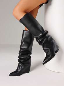 Knee High Fold Over Boots For Women Ruched Pointed Toe Slouchy Boot High Heeled Shoes Halloween Costumes For Halloween - Black - View 1